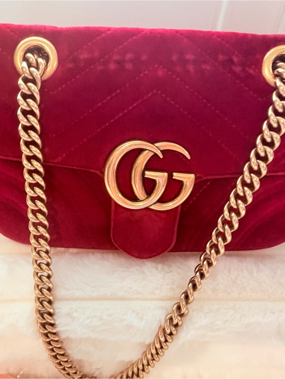 Gucci Red Velvet GG Marmont Small Shoulder Bag with Gold Hardware